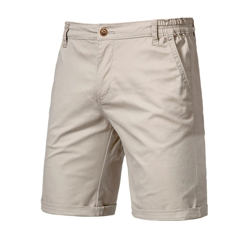 Light beige men's summer cotton casual shorts with a button closure and side pockets.