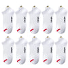 A set of white men's breathable ankle boat socks displayed in a row.