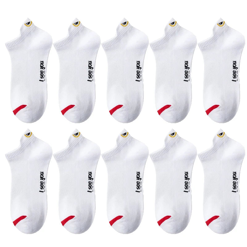 A set of white men's breathable ankle boat socks displayed in a row.