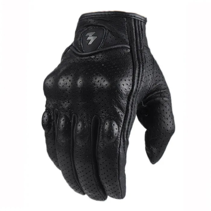 Black full finger leather motorcycle riding gloves with a silver lightning bolt emblem