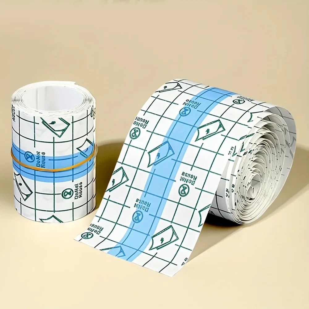 Rolls of transparent self-adhesive tape with a white and blue pattern for finger protection