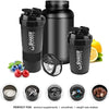 A black portable protein shaker bottle with a lid and a yellow lemon visible on a white background.