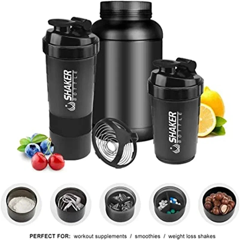 A black portable protein shaker bottle with a lid and a yellow lemon visible on a white background.