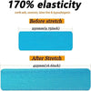 A comparison showing a piece of blue kinesiology tape before and after stretching, demonstrating 170% elasticity.