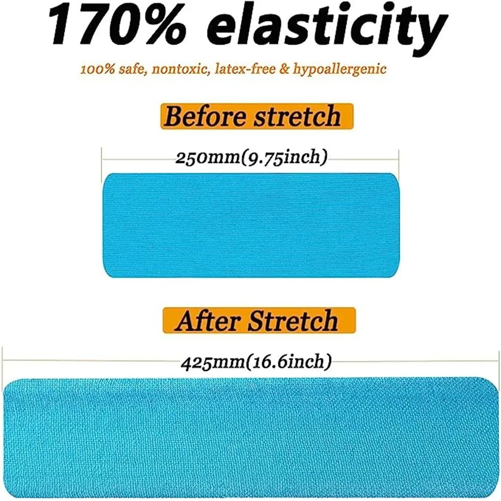 A comparison showing a piece of blue kinesiology tape before and after stretching, demonstrating 170% elasticity.