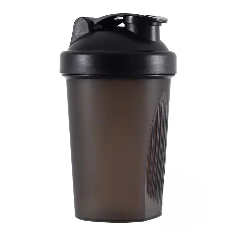 A black portable protein shaker bottle with a screw-on cap.