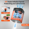 A portable electric air pump device is shown inflating and deflating a mattress or float, demonstrating 2X faster inflation s