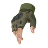 A close-up view of olive green half finger tactical gloves worn on a hand.