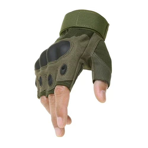 A close-up view of olive green half finger tactical gloves worn on a hand.