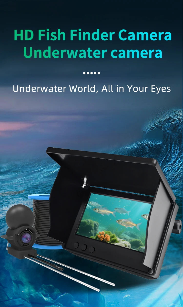 A black handheld underwater camera is shown with a lens pointed at a colorful marine scene.