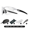 A pair of clear sports sunglasses with black frames shown in various components including a case, bag, cloth, and strap.