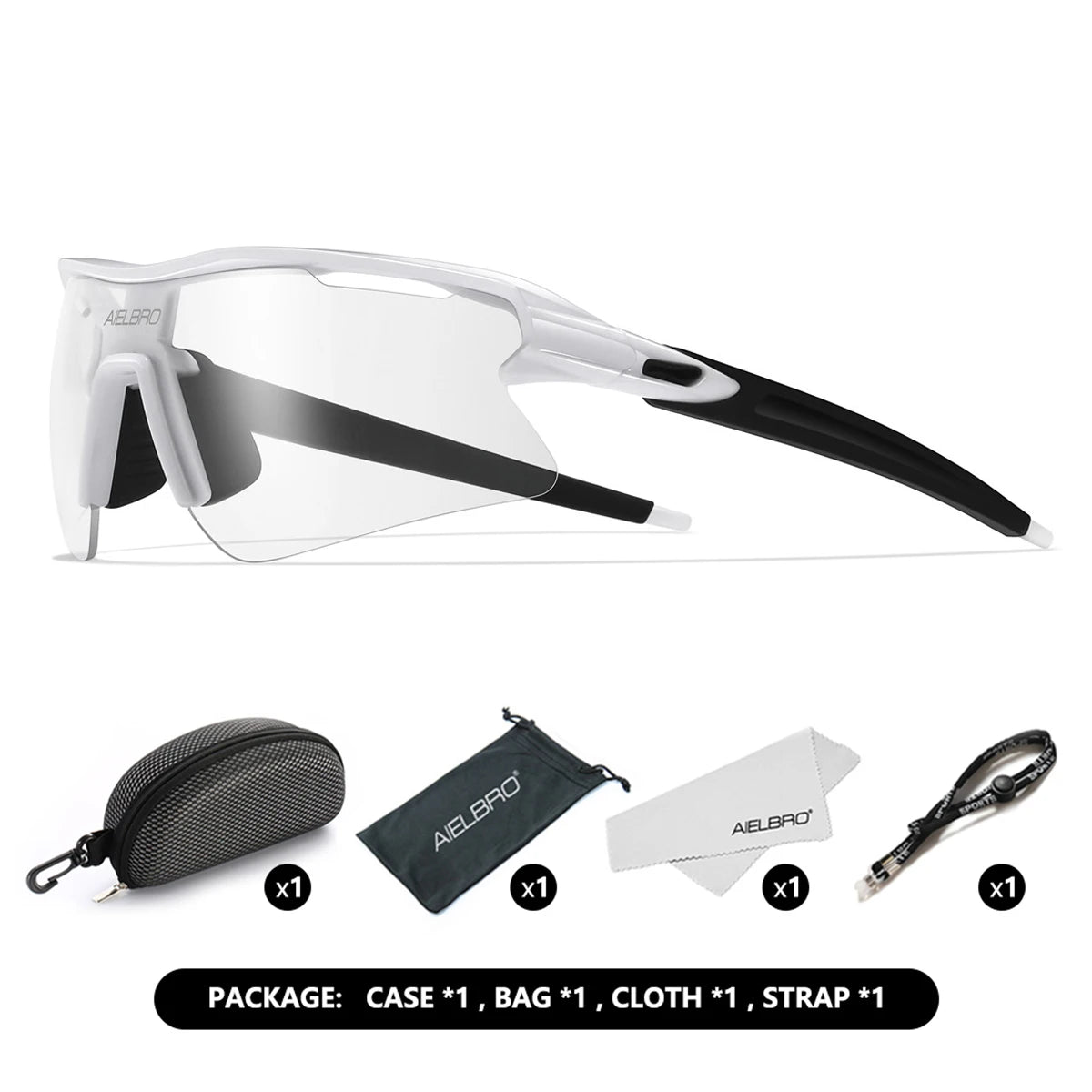 A pair of clear sports sunglasses with black frames shown in various components including a case, bag, cloth, and strap.