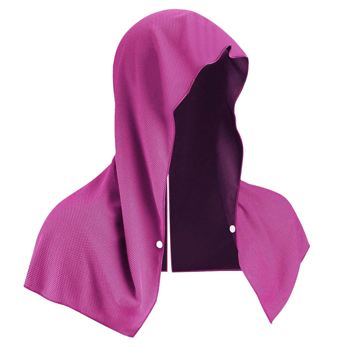 A magenta instant cooling neck gaiter displayed flat, showing its purple-colored fabric and structure.
