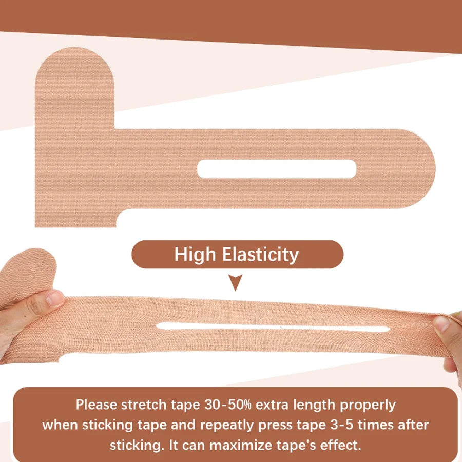 Beige elastisches Kniestabilisierungstape mit Anweisungen zum Dehnen und Drücken vor dem Anbringen.