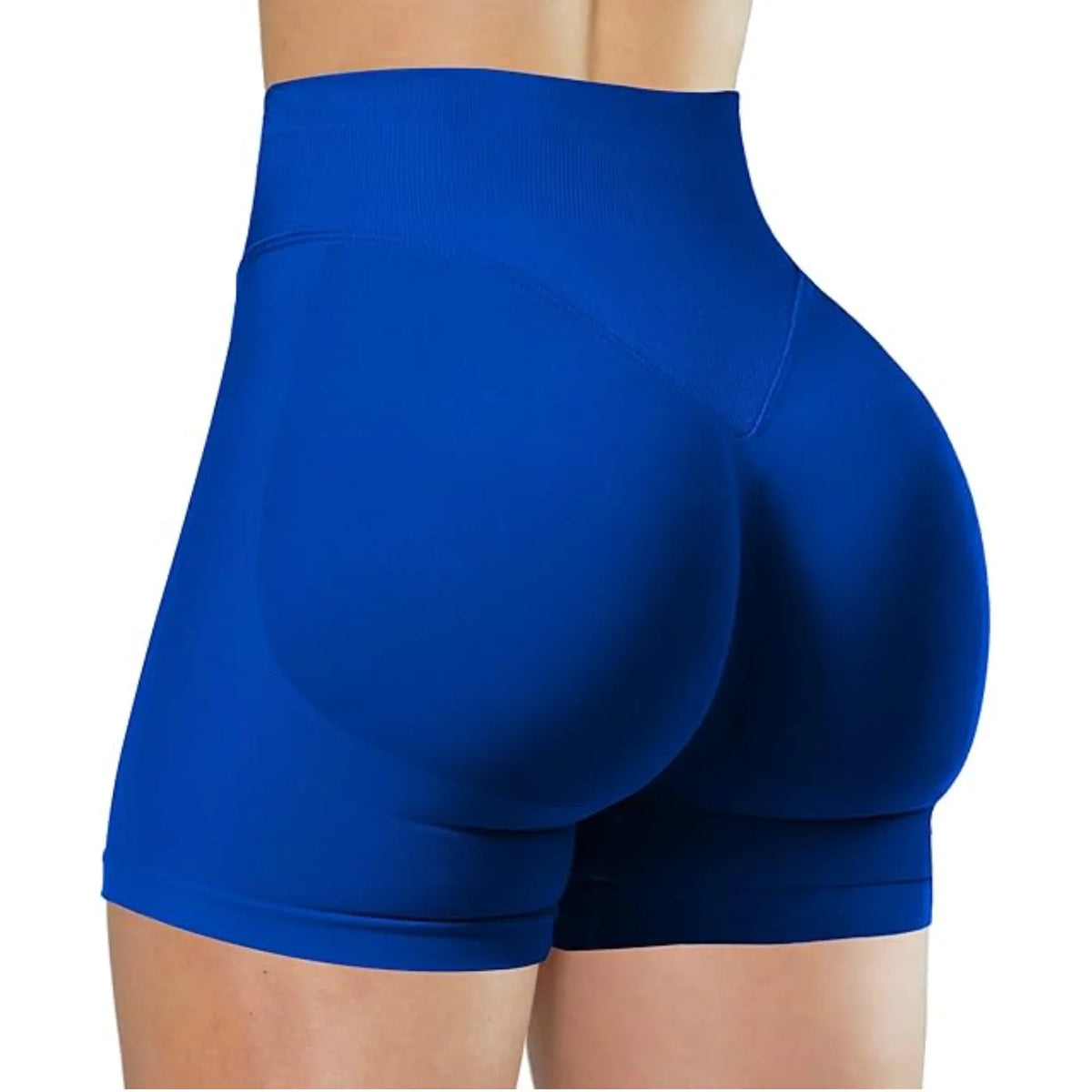 A close-up view of royal blue high-waisted yoga shorts worn by a person.