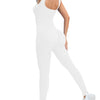 A model wearing a white ribbed nylon bodycon jumpsuit with a sleeveless design.