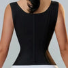 A black adjustable body shaper corset vest top worn on a model's torso.