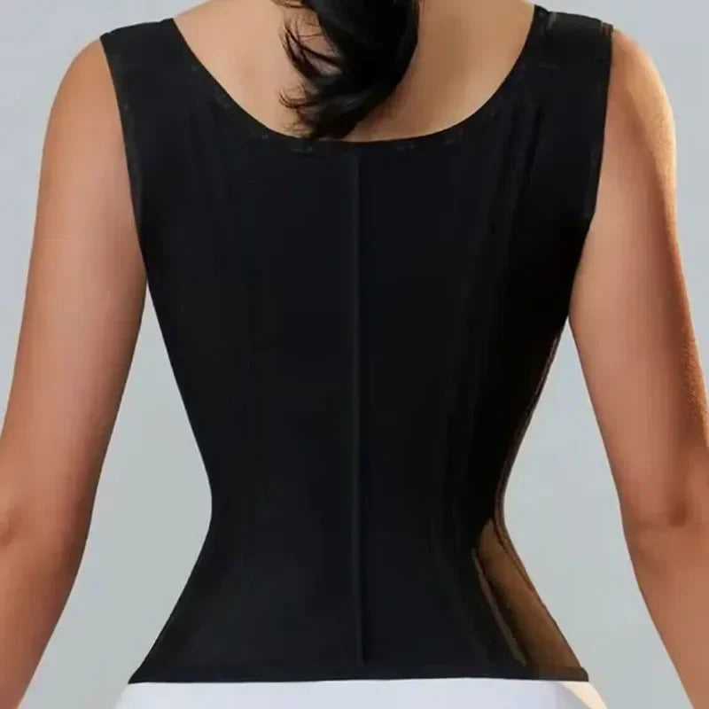 A black adjustable body shaper corset vest top worn on a model's torso.