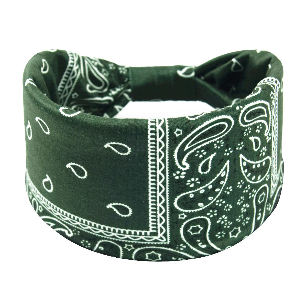 Dunkelgrüne Boho-Twist-Haube mit weißem Paisley- und geometrischem Muster.