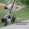 A hand wearing cross silicone palm anti-slip design gloves is holding a fishing rod over green water.