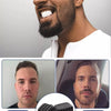 Before and after images showing a man using a silicone jawline exerciser for facial toning.