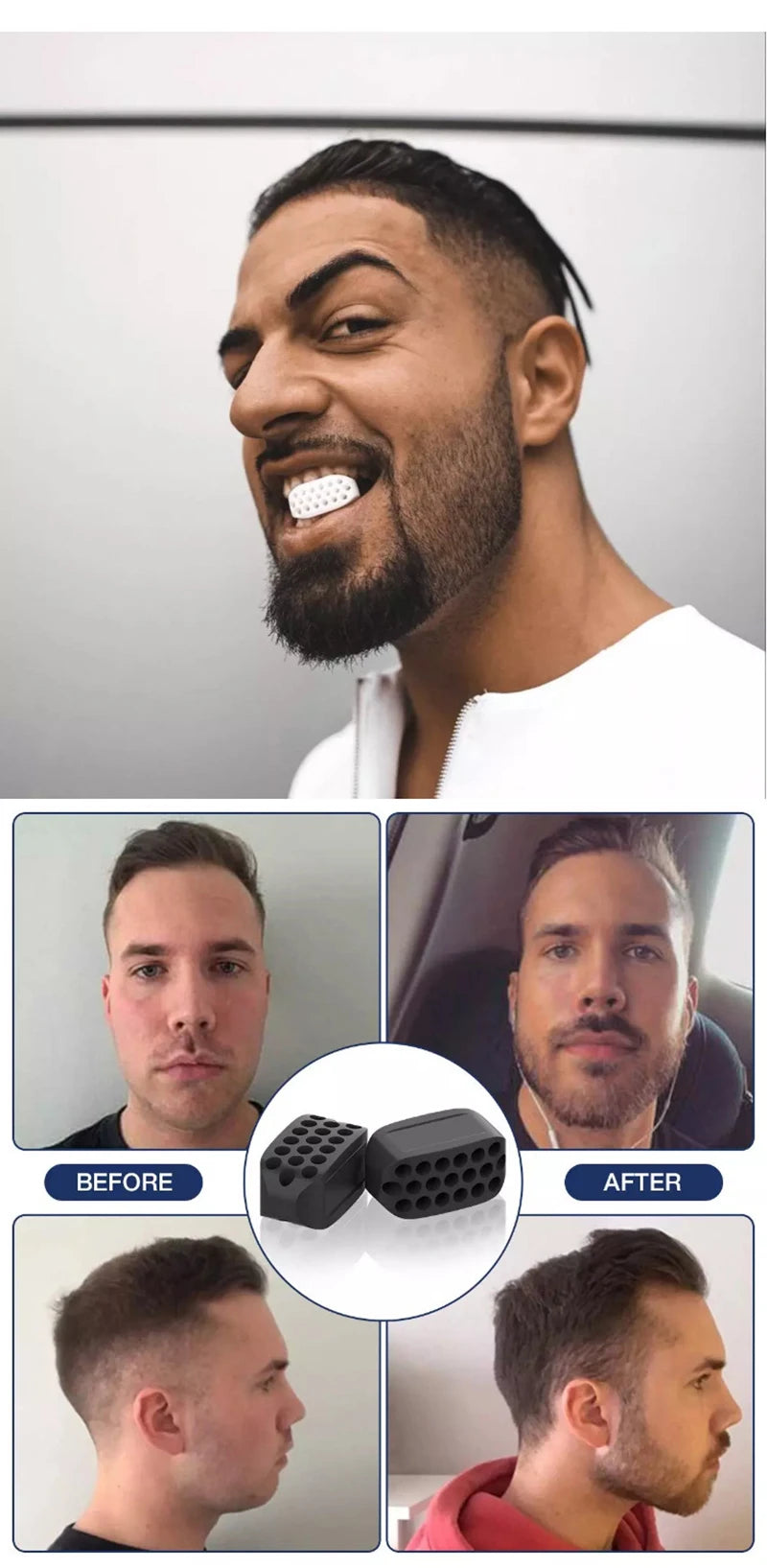 Before and after images showing a man using a silicone jawline exerciser for facial toning.