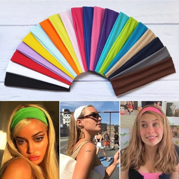 A colorful multi-pack of elastic sports headbands in various shades of pink, blue, green, and black.