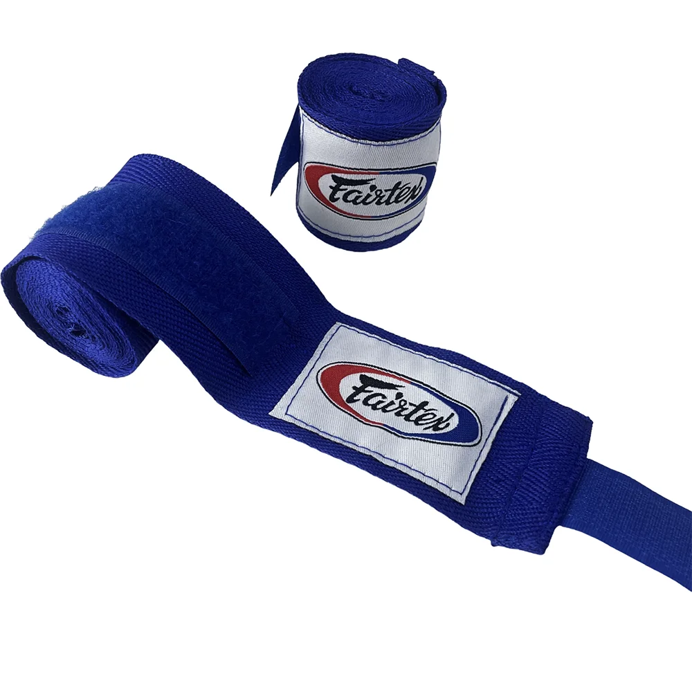 A blue boxing hand wrap with a white label featuring the Fairtex logo.