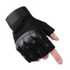 A hand is holding a pair of black tactical five-finger gloves.