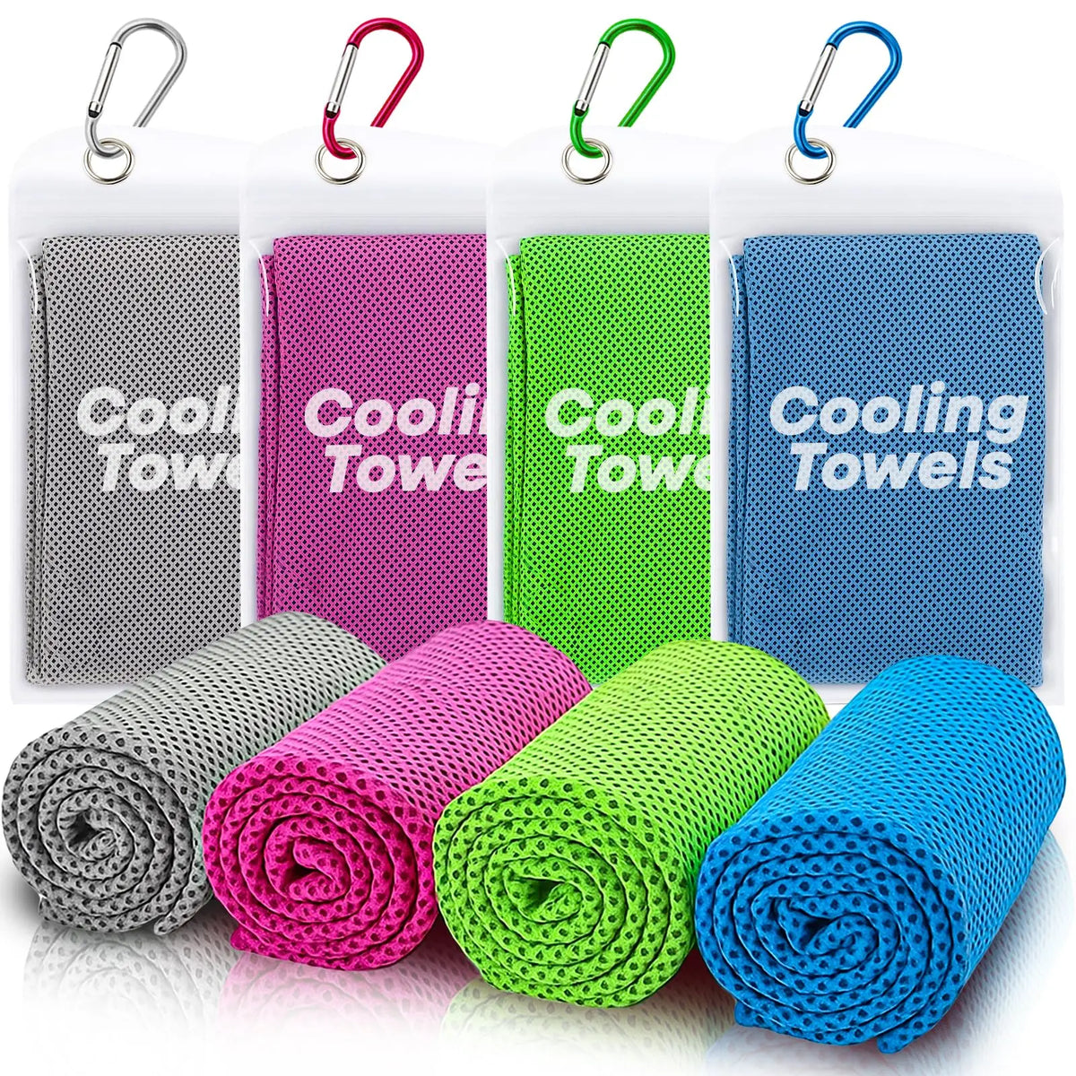 Ein Vierer-Set aus vier Cooling-Mikrofaser-Fitnesshandtüchern in verschiedenen Farben wie grau, rosa, grün und blau.