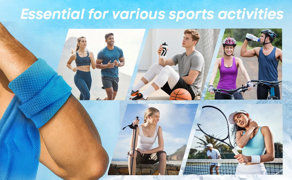 Eine Sammlung blauer Mikrofaser-Fitnesshandtücher und verschiedener Sportarten wie Laufen, Radfahren und Tennis.