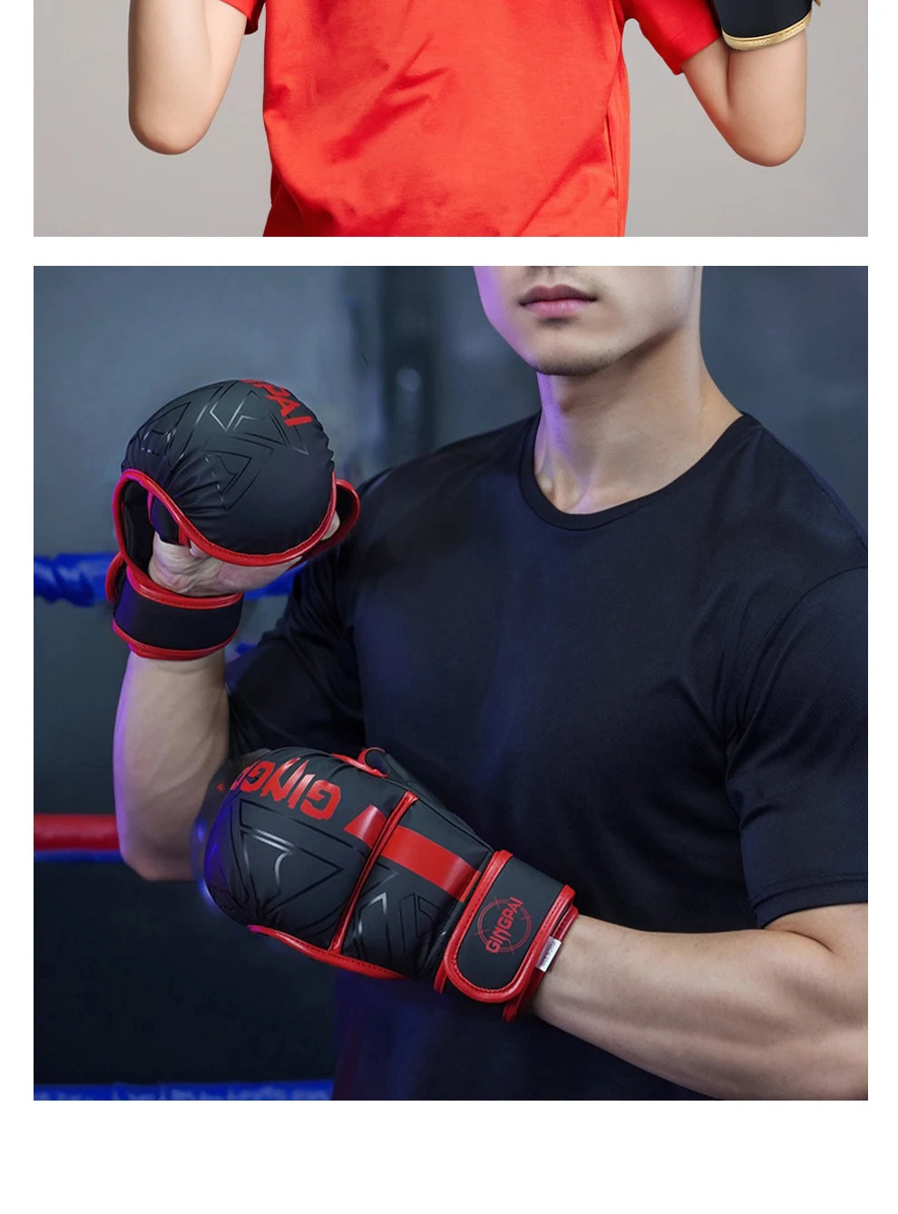 Nahaufnahme einer Person mit roten Boxhandschuhen und einem roten Shirt, sowie ein Bild mit schwarzen MMA-Trainingshandschuhe