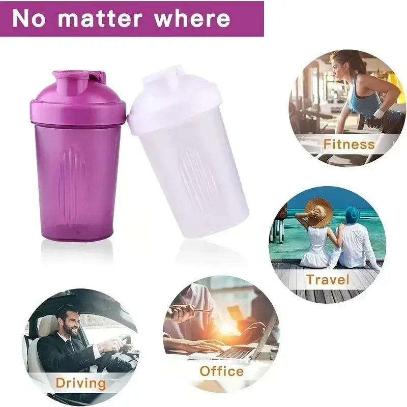 A pink and white leakproof protein shaker bottle shown with various lifestyle contexts like fitness, travel, office, and driv