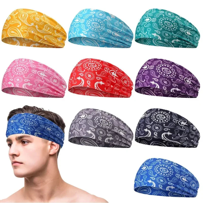 A collection of colorful sports headbands in various patterns and colors displayed against a white background.