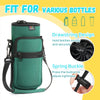 A green sling carrier bag designed to hold various bottles, featuring a drawstring design and a spring buckle.