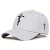 A light gray unisex embroidered snapback baseball cap featuring black text on the front.