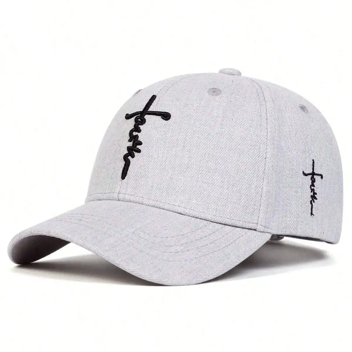 A light gray unisex embroidered snapback baseball cap featuring black text on the front.