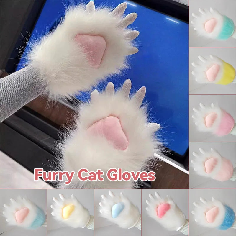 Une paire de gants pour pattes de chat blancs et duveteux avec des accents roses, sur fond bleu.