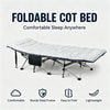 A foldable cot bed with a padded mattress shown on a white background, highlighting its comfort and portability features.