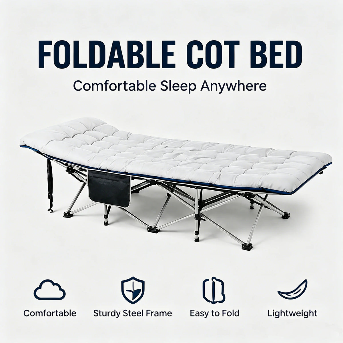 A foldable cot bed with a padded mattress shown on a white background, highlighting its comfort and portability features.