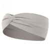 A light gray knotted elastic sports headband is shown from the side.