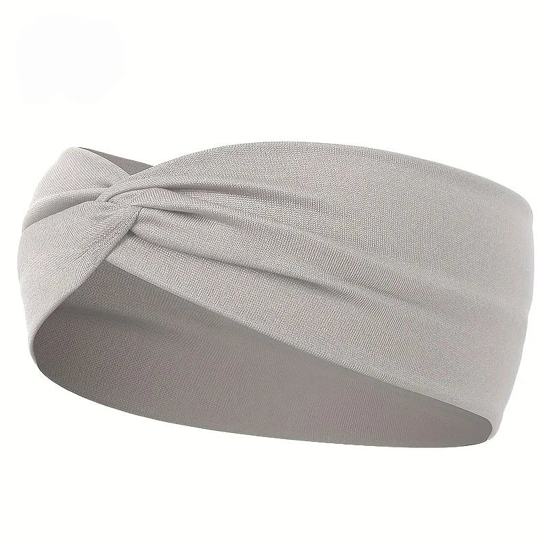 A light gray knotted elastic sports headband is shown from the side.