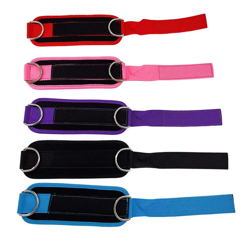 Five brightly colored adjustable neoprene ankle straps in red, pink, purple, black, and blue.