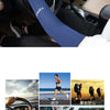 A pair of navy blue UV protection arm sleeves are shown being worn inside a car, with various outdoor activity scenarios disp