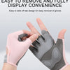 A hand is removing a pink cycling glove from a gray workout glove, demonstrating easy removal.