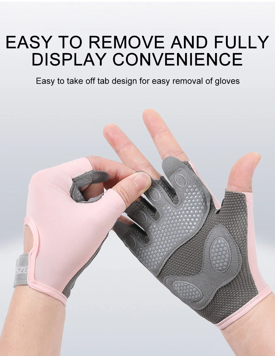A hand is removing a pink cycling glove from a gray workout glove, demonstrating easy removal.