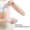 A person is wearing a pink breathable wrist guard for sports and fitness.