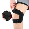 A black adjustable knee brace is shown being applied to a person's knee.