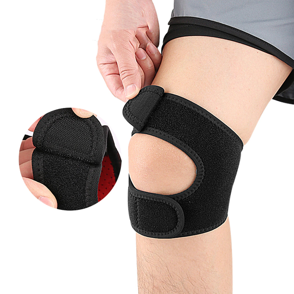 A black adjustable knee brace is shown being applied to a person's knee.