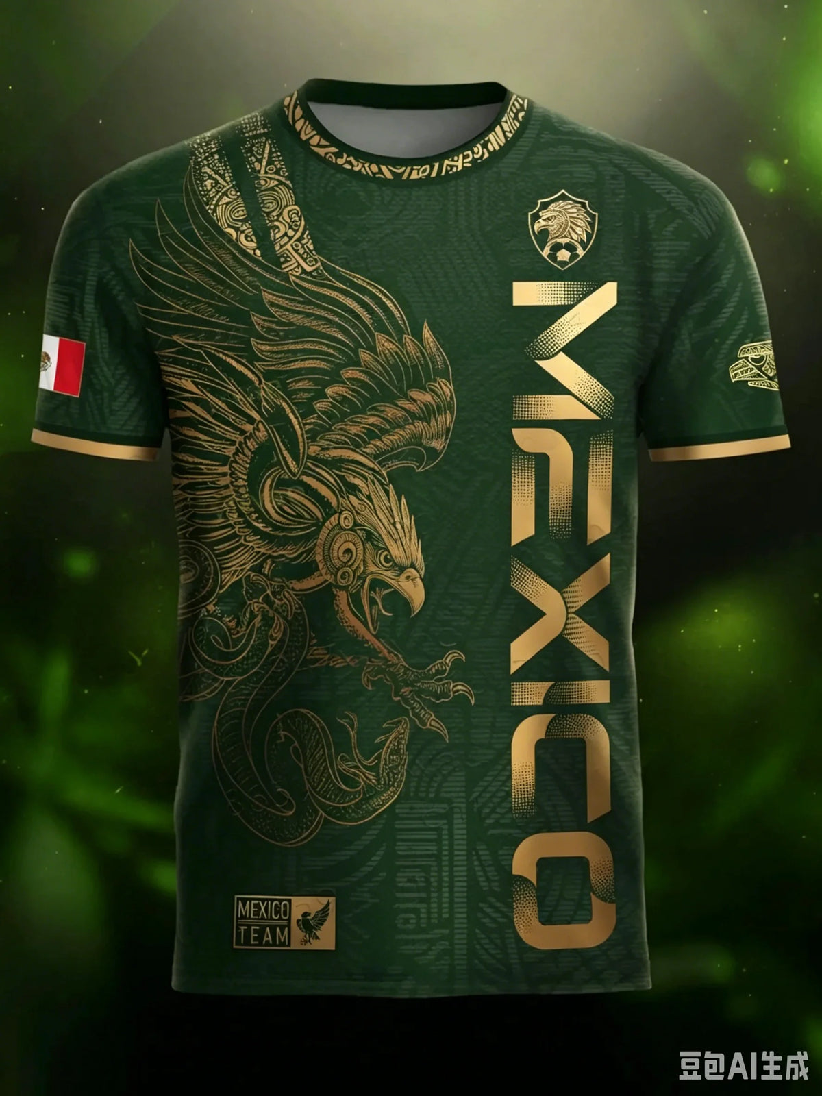 Dark green soccer jersey featuring a gold eagle design and Mexico team branding